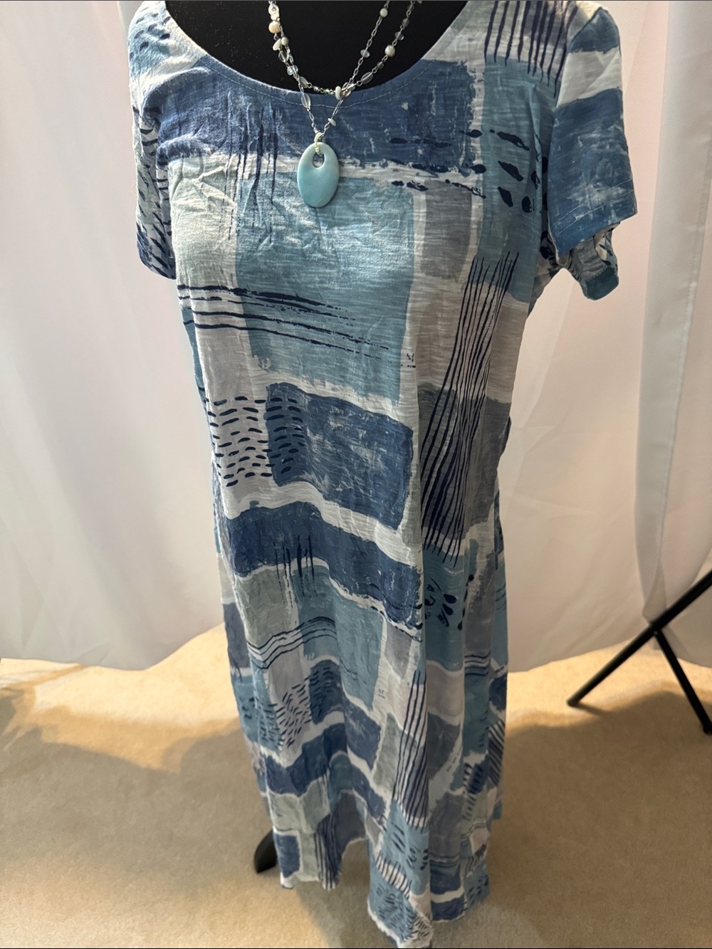 Tango Mango Blue Patchwork Midi Dress - Lightweight Casual